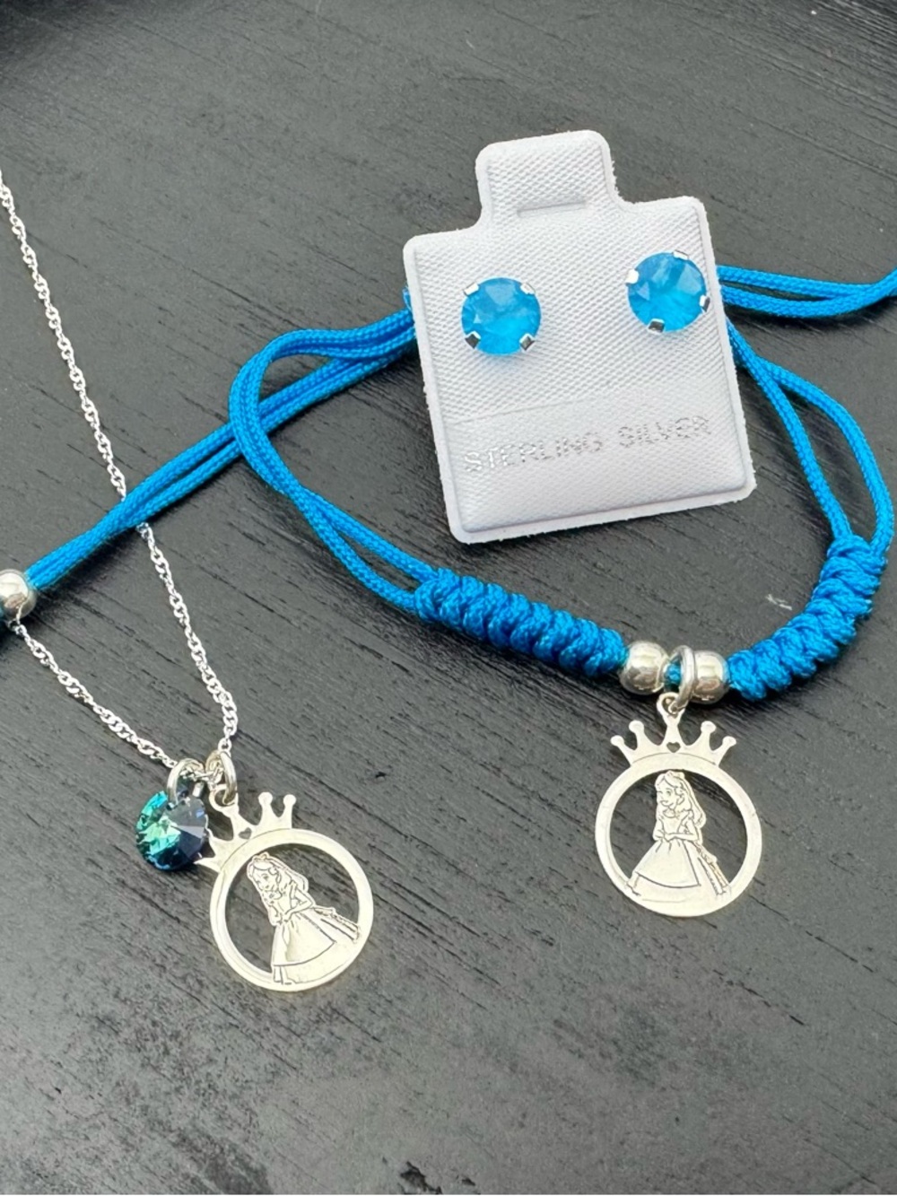 Sterling Silver Princess Crown Pendant Necklace and Bracelet Set in Bright Blue
